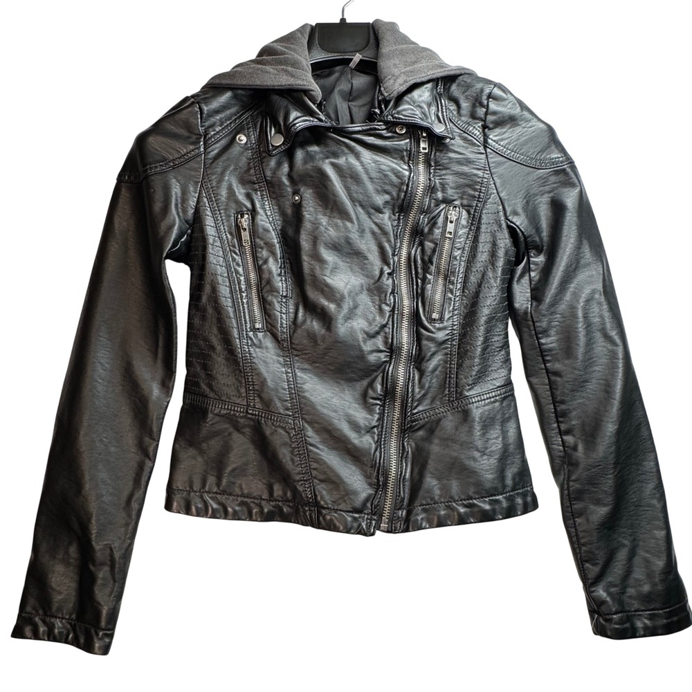 Free People Vegan Leather Moto Jacket Black Hooded Grunge Goth Edgy Size 4 NEW